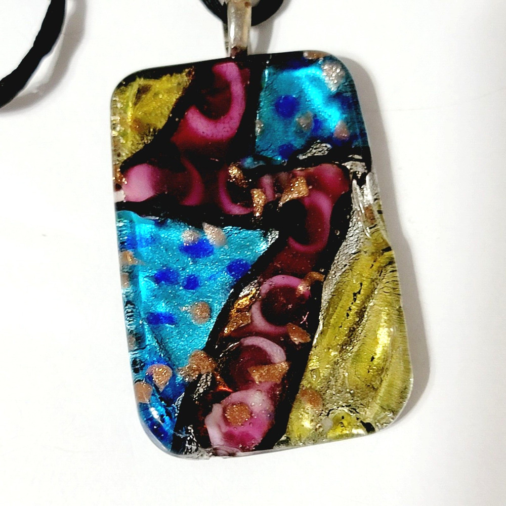 Dichromic Pendant Necklace Blue Purple Black Glass Modernist Jewelry blu02-51‎